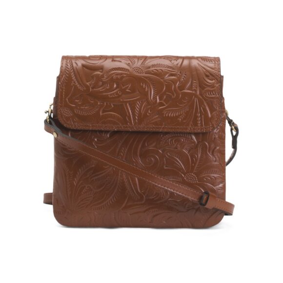 PATRICIA NASH Florence Tan Leather Balluri Tooled Flap Multi Pocket Crossbody - Picture 1 of 2